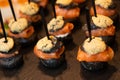 Appetizing canapes with smoked salmon on black tray. Catering service.