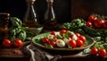 Appetizing caprese salad on a dark background