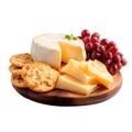 Elegant cheese board featuring soft cheese cheddar slices crackers and red grapes on a wood surface. White background Royalty Free Stock Photo