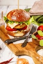 Appetizing chicken burger with cheese, fresh salad and vegetables on a cutting board. Fresh lettuce leaves, tomatoes and onions Royalty Free Stock Photo