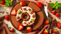 Appetizing chocolate cake dessert strawberries, mint berry delicious biscuit nutrition