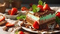 Appetizing chocolate cake with strawberries, mint leaves