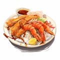 Cartoon Realism: Delicious Shrimp Rice Plate With Japanese Flair