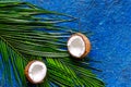 Appetizing coconut and palm branch on blue table background top view copyspace