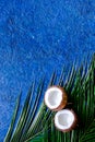 Appetizing coconut and palm branch on blue table background top view copyspace