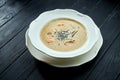 Appetizing coconut soup with salmon, nori and sesame seeds, served in a white plate on a dark wood background. Pan-Asian cuisine