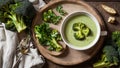 Appetizing cream of broccoli soup table cooking tasty rustic traditional