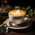 An appetizing cup of cappuccino with cream stands on a dark wooden table against the background of roasted coffee beans. Generated