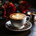 An appetizing cup of cappuccino with cream stands on a dark wooden table against the background of roasted coffee beans. Generated