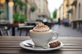 An appetizing cup of cappuccino with a pile of foam and cinnamon on the table of a city cafe against the background of a city