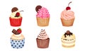 Appetizing Cupcakes with Whipped Cream and Berry on the Top Vector Set