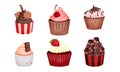 Appetizing Cupcakes with Whipped Cream and Berry on the Top Vector Set