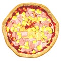 Appetizing 3-D Illustration of baked Hawaii pizza with tomato sauce, shredded Mozzarella Cheese, cooked ham, pineapple chunks, sea