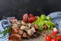 Delicate kebabs of pork on skewers lined with a dish of fresh vegetables and ripe pomegranate. Meat cooked on an open fire.Still l Royalty Free Stock Photo