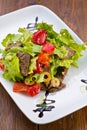 Appetizing delicious fresh salad with vegetables sauce and meat Royalty Free Stock Photo