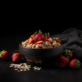 Appetizing delicious oatmeal with strawberries and cream isolated on black close-up, healthy breakfast dish,