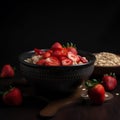 Appetizing delicious oatmeal with strawberries and cream isolated on black close-up, healthy breakfast dish,