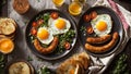 Appetizing food gourmet eggs, homemade concept american , tomatoes in the kitchen tasty delicious