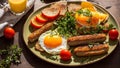 Appetizing food gourmet eggs, homemade roast american , tomatoes in the kitchen tasty delicious