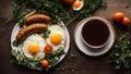 Appetizing food traditional eggs, sausages, tomatoes in the kitchen tasty delicious