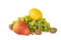 The fruits of walnuts, ripe green grapes delicious red pears on a white background