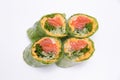 Rolls with red fish rice and vegetables wrapped in lettuce Royalty Free Stock Photo