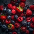 Appetizing fresh strawberries, raspberries and blueberries on a dark background with large drops of water, fruit background,