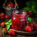 Appetizing fresh strawberries and strawberry jam on a wooden table. Strawberry jam in a glass jar with fresh berries and