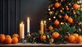 Appetizing fresh tangerines, candles, celebration winter Christmas tree branch orange food green december