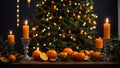 Appetizing fresh tangerines, candles, Christmas tree branch orange food green