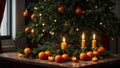 Appetizing fresh tangerines, candles, Christmas tree branch orange food green december