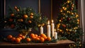 Appetizing fresh tangerines, candles, winter Christmas tree branch orange food green december