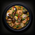 Appetizing fresh tasty paella with seafood isolated on black closeup, national spanish