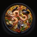 Appetizing fresh tasty paella with seafood isolated on black closeup,