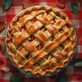 Appetizing freshly baked apple pie on a checkered tablecloth, top view