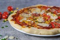 Appetizing freshly prepared pizza with salami and corns covered by melted cheese