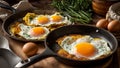 Appetizing fried eggs in a cooking in the kitchen healthy breakfast nutrition cholesterol