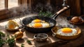 Appetizing fried eggs in a frying pan in the kitchen healthy breakfast nutrition