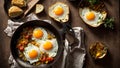 Appetizing fried eggs in a frying pan in the kitchen healthy breakfast nutrition cholesterol