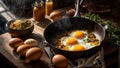 Appetizing fried eggs in a organic pan in the kitchen healthy breakfast nutrition cholesterol