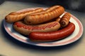 Appetizing fried sausages on a light plate on a dark background - Generative AI
