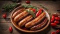 Appetizing fried sausages smoke beef , gourmet roasted meat food rustic barbecue