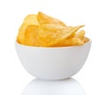 Appetizing golden chips in faience bowl