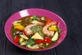 Appetizing green curry soup with prawns and rice noodles, close Royalty Free Stock Photo