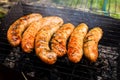 Grilled bavarian sausages on grate during cooking