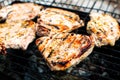 Appetizing grilled pork chop on flaming grill. Juicy meat on a metal wire rack. Royalty Free Stock Photo