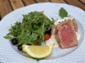 Appetizing grilled tuna dishes with arugula salad and a slice of lemon Royalty Free Stock Photo