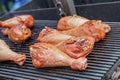 Appetizing grilled turkey legs with an appetizing crust lies on a grill background