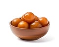 Appetizing gulab jamun sweets with sweet syrup on a white background, Generative AI