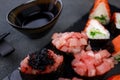 Appetizing gunkan and maki sushi set, close up Royalty Free Stock Photo